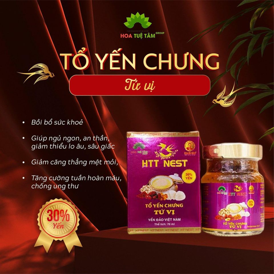TỔ YẾN CHƯNG TỨ VỊ là sự kết hợp tinh tế giữa tổ yến tươi nguyên chất và bốn vị thảo dược quý giá: táo đỏ, hạt sen, kỷ tử, và long nhãn. Với thành phần đa dạng này, sản phẩm không chỉ mang đến hương vị tinh tế mà còn là nguồn bổ sung dưỡng chất tối ưu, giúp bảo vệ sức khỏe, an thần tâm hồn và giảm căng thẳng mệt mỏi.